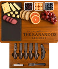 Personalized Acacia Wood Charcuterie Board Set With Heavy Duty Stainless Steel Knives - Custom Engraved Cheese Board Tray for displaying meats and cheeses.