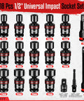 Beefy 18-Piece Half Inch Drive Shallow Impact Universal Joint Socket Set, 10-24mm sockets, 3in and 6in extensions