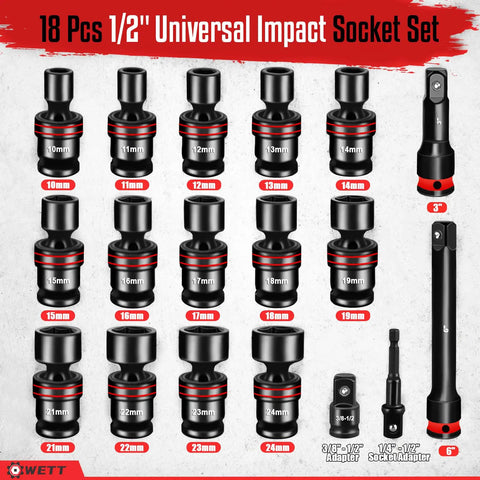 Beefy 18-Piece Half Inch Drive Shallow Impact Universal Joint Socket Set, 10-24mm sockets, 3in and 6in extensions
