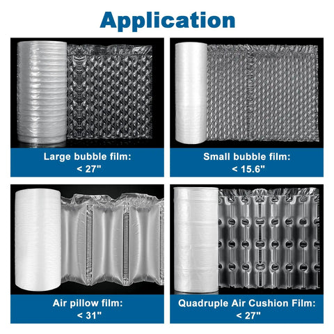 Straight Up Heavy Duty Air Cushion Maker Slick Self Sealing Packer With Thirty Feet Per Minute Inflation And Included One Hundred Sixty Four Foot Film Roll For Daily Shipping Hustles showing various bubble film types.