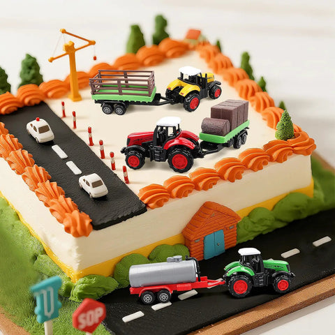 3 Pack Farm Tractor Toys With Trailers Diecast Alloy Tractors on cake, includes detachable trailers for kids ages 3 to 8 cake topper.