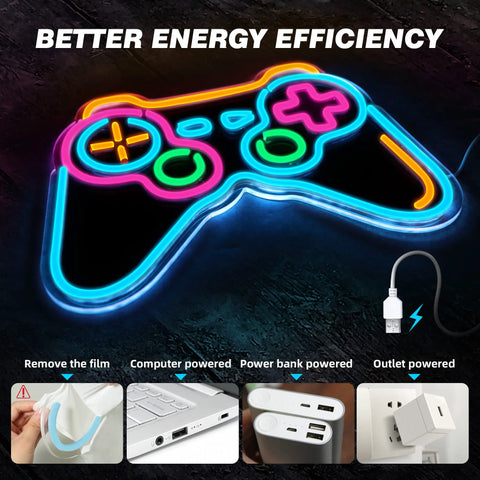 Lit Blue Gamepad Neon Sign for Gaming Room Decor USB Powered LED Neon Light with 6 Dimmable Modes displayed with power options