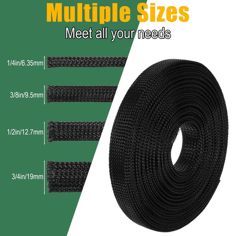 Expandable Braided Cable Sleeve Wire Loom Kit With PET Mesh Split Sheathing, 132 Ft Total Length, Four Sizes 1/4 In 3/8 In 1/2 In 3/4 In