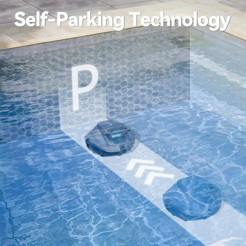 X1 Robotic Pool Vacuum Cordless Cleaner with 120 Minute Runtime featured in pool with self-parking technology illustration.