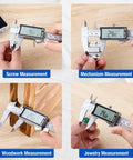 Digital Caliper 12 Inch With Large LCD Screen For Inch Millimeter And Fraction Conversion measuring various objects including screws, mechanisms, wood, and jewelry.