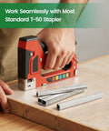 Built Tough T50 304 Stainless Steel Staples For Staple Gun, Marine Grade Upholstery Fasteners In 1/4 3/8 1/2 Inch Legs, 20 Gauge Heavy Duty Bulk Pack, 2520 Pieces Of Top Shelf Hardware stapler in use with staples on a wooden surface.