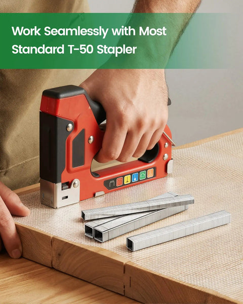 Built Tough T50 304 Stainless Steel Staples For Staple Gun, Marine Grade Upholstery Fasteners In 1/4 3/8 1/2 Inch Legs, 20 Gauge Heavy Duty Bulk Pack, 2520 Pieces Of Top Shelf Hardware stapler in use with staples on a wooden surface.