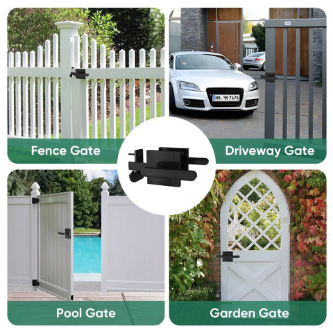 Heavy Duty Gate Latch With Dual Sided Handles For Right Inswing Gates Self Locking Swing Gate Hardware For Outdoor Fences Wooden Gates Pool Gates And Backyard Gates shown on various gate types.