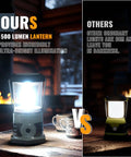 Beast 1500 Lumen LED Camping Lantern with 4 D Batteries Included, illuminating bright light beside mugs on a wooden table indoors.