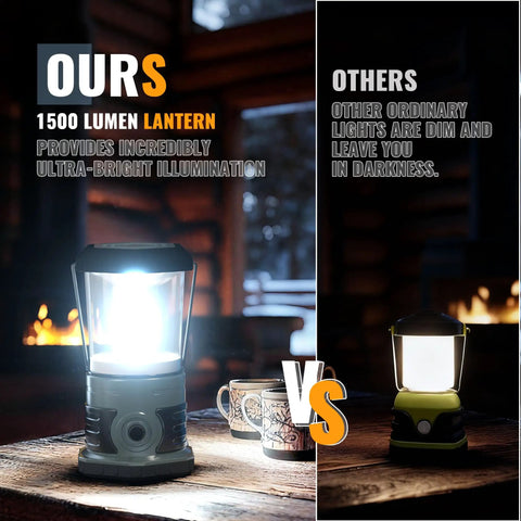 Beast 1500 Lumen LED Camping Lantern with 4 D Batteries Included, illuminating bright light beside mugs on a wooden table indoors.