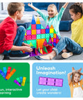 Children playing with Supersized Magnetic Building Tiles 12pc Base Plate Set for Kids STEM Construction Toy Jumbo XL Foundation Stabilizers.