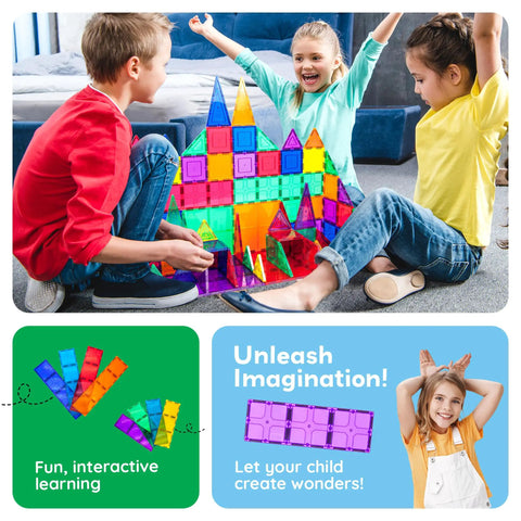 Children playing with Supersized Magnetic Building Tiles 12pc Base Plate Set for Kids STEM Construction Toy Jumbo XL Foundation Stabilizers.