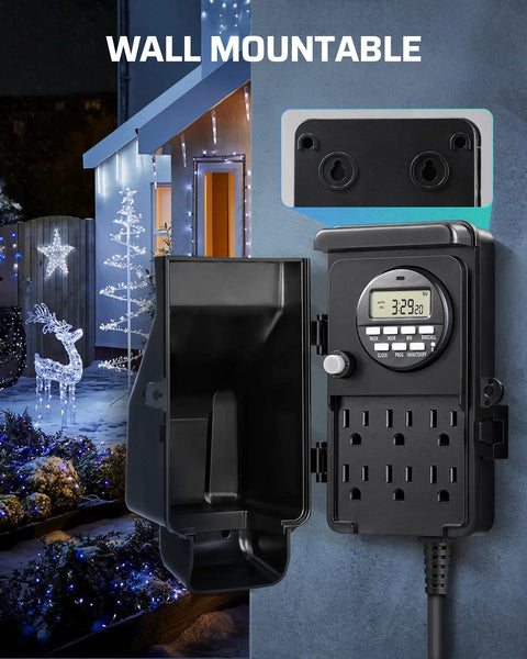Outdoor Digital Power Strip Timer With 6 Outlets Waterproof Garden Power Stake And 6 Foot Cord Heavy Duty 15A Digital Timer For Lights Yard And Garden in use showing wall mount feature with Christmas lights.