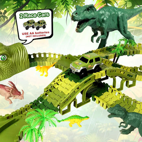 266 Piece Dino Track Set For Kids Ages 3 4 5 6 7 Flexible Race Tracks With 2 Dino Cars Bridges Tunnels Coconut Trees