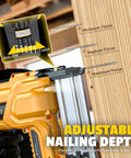 Built Damn Tough 18 Gauge Cordless Brad Nailer Runs Smooth With Dewalt 20V Batteries adjustable depth feature shown on wood.