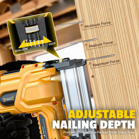 Built Damn Tough 18 Gauge Cordless Brad Nailer Runs Smooth With Dewalt 20V Batteries adjustable depth feature shown on wood.