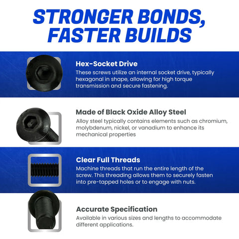 Heavy Duty Button Head Socket Cap Screws 5/16 24 X 1/2 Inch 25 Piece Alloy Steel full thread with hex-socket drive and black oxide finish.