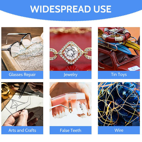 Widespread use of Handheld Pulse Arc Jewelry Welder Kit For Gold Silver Platinum And K Gold With Pro Grade Power For Precise 0.4 To 1.0mm Wire Welding DIY Jewelry Making And Permanent Jewelry Repair On The Go, including glasses repair, jewelry, tin toys, arts and crafts, false teeth, and wire.