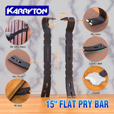 Heavy-Duty Pry Bar Set with 15-Inch Flat Pry Bar, nail puller, and scraper function, CR-V steel and ergonomic grip.