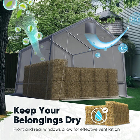 10x12 Foot Backyard Outdoor Storage Shed and Portable Workshop Shelter with roll up mesh windows and reinforced frame.