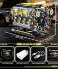 V8 Engine Model Kit That Runs with dimensions, two-speed USB motor, gift box, and charging cable display