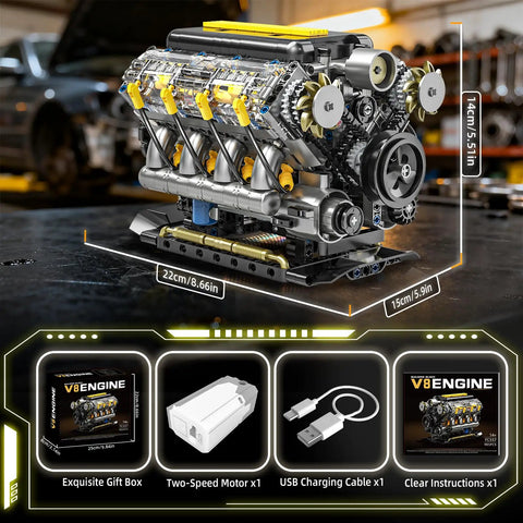 V8 Engine Model Kit That Runs with dimensions, two-speed USB motor, gift box, and charging cable display