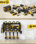 Two Pack Power Tool Organizer Wall Mount With Three Layer Storage And Eight Drill Holders, shown before and after setup.