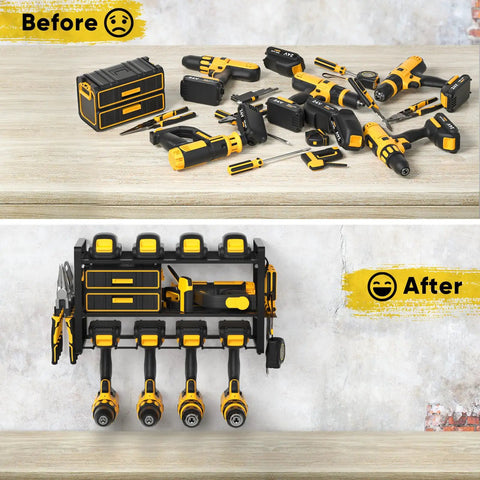 Two Pack Power Tool Organizer Wall Mount With Three Layer Storage And Eight Drill Holders, shown before and after setup.