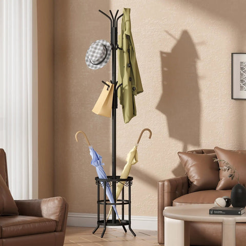 All In One Freestanding Coat Rack Stand With Built In Umbrella Holder And Hat Hanger 12 Hooks Space Saving Metal Organizer