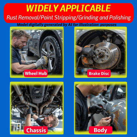 Man using Wheel Hub Cleaning Tool and Stud Cleaner Kit for rust removal on car parts