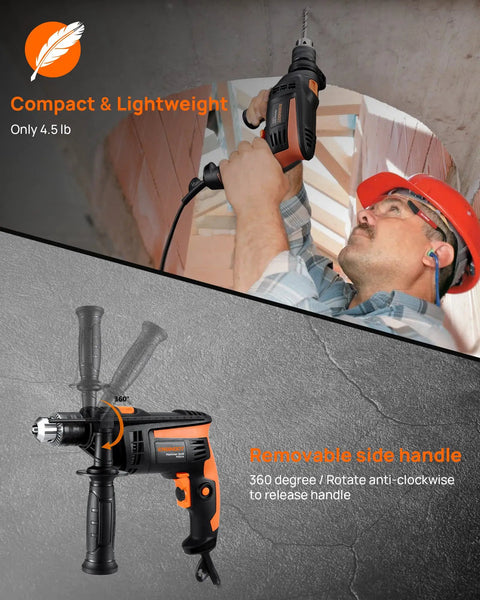 Worker using Beast 1/2 Inch 6 Amp Corded Hammer Drill Kit With Variable Speed, All Metal 1/2 Inch Chuck, 2800 RPM on wall