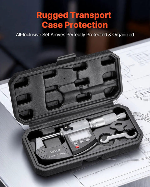 Digital Outside Micrometer Set 0-1 Inch Range With LCD Screen 0.00005 Inch Resolution 0.0001 Inch Accuracy in protective case