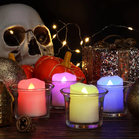 Rechargeable LED Color Changing Tea Lights With Remote USB Charging Flameless Votive Candles Warm White Flicker 12 Pack for Halloween decor