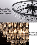 Black 24 Inch Crystal Chandelier With 5 Tier Raindrop Cascades Adjustable Hanging Pendant Light with iron frame and crystals.