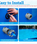 Installation guide for Large Inlet Air Nozzle For 1900 To 2450 GPH Pool Pumps, showing steps for above ground pools.