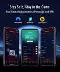 Mobile interface showing real-time protection with Tri Band WiFi 7 AI Gaming Router With 320 MHz Bandwidth And 4096 QAM Dual 10G Ports AI Game Boost.