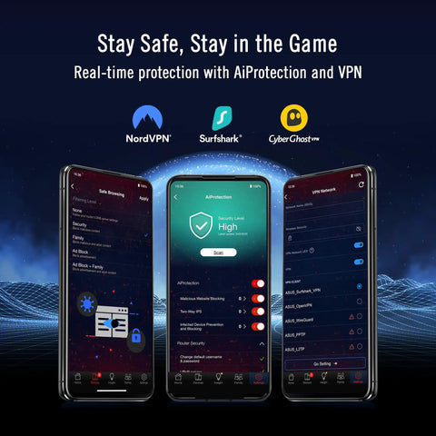 Mobile interface showing real-time protection with Tri Band WiFi 7 AI Gaming Router With 320 MHz Bandwidth And 4096 QAM Dual 10G Ports AI Game Boost.