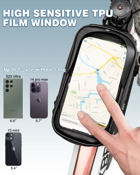 Waterproof Front Frame Bike Bag For Phone Under 7 Inches with TPU window showing map on bike handlebar