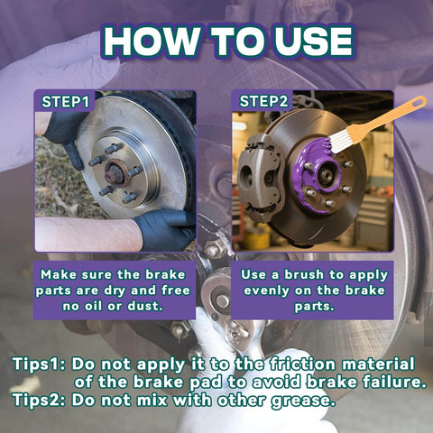 Instructions on using Premium Ceramic Brake Grease with brush on brake calipers and pads, emphasizing cleanliness and application.
