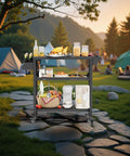 Image of All Weather Outdoor Grill Table On Wheels For Patio Garden And Camping Heavy Duty Movable BBQ Prep Cart set up at campsite.