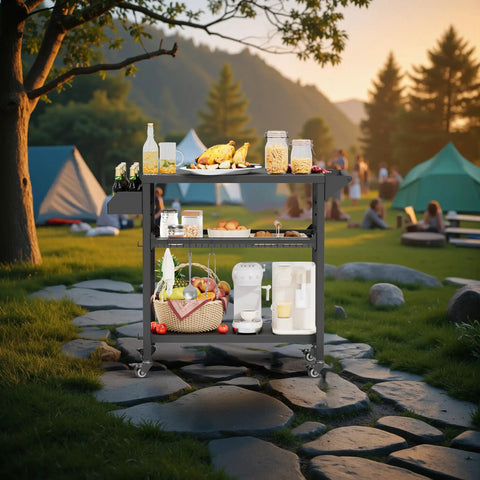 Image of All Weather Outdoor Grill Table On Wheels For Patio Garden And Camping Heavy Duty Movable BBQ Prep Cart set up at campsite.