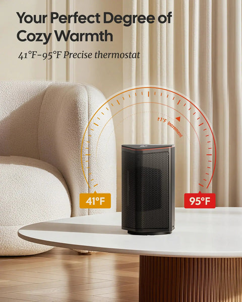 Powerful 1500W Portable Space Heater With Thermostat 70 Degree Oscillation on modern white table in living room