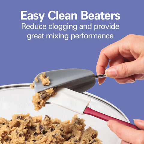 Kickass 6 Speed Electric Hand Mixer With Easy Clean Beaters And Snap On Storage Case For Bakers Seeking Smooth Performance And Zero Clogging Drama In The Kitchen with hands using easy clean beaters over a bowl of cookie dough.