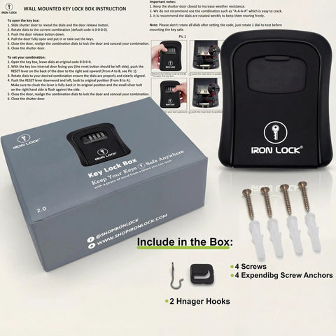 Heavy-Duty Key Lock Box Wall Mount with 4-Digit Combination, Waterproof Metal Safe for Outdoor Access, packaging and contents shown.