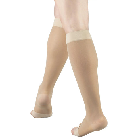 Womens Knee High Compression Stockings 15 To 20 Mmhg Sheer Nude Nylons 20 Denier Open Toe Support Hose showing soft cuff and open toe design.