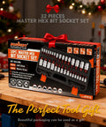 32 Piece Hex Bit Socket Set For Auto Repairs And Everyday Wrenching, SAE And Metric Allen Sockets, boxed with holiday decorations