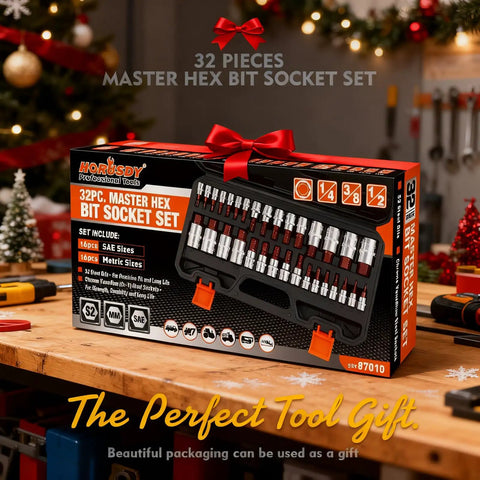 32 Piece Hex Bit Socket Set For Auto Repairs And Everyday Wrenching, SAE And Metric Allen Sockets, boxed with holiday decorations