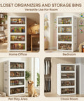 140Qt Stackable Plastic Storage Bins With Lids And Handles, Foldable Closet Organizer in different home settings