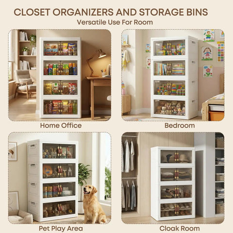 140Qt Stackable Plastic Storage Bins With Lids And Handles, Foldable Closet Organizer in different home settings