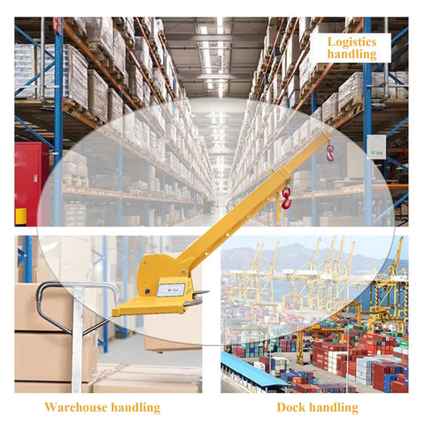 Top Shelf Forklift Jib Boom Crane 6600 Lb Capacity Telescoping Mobile Lifting Hoist With Dual Hooks in warehouse setting.
